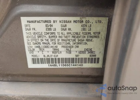 2005 Nissan Altima 3.5 Se из США, поврежденный, VIN 1N4BL11D65C144140